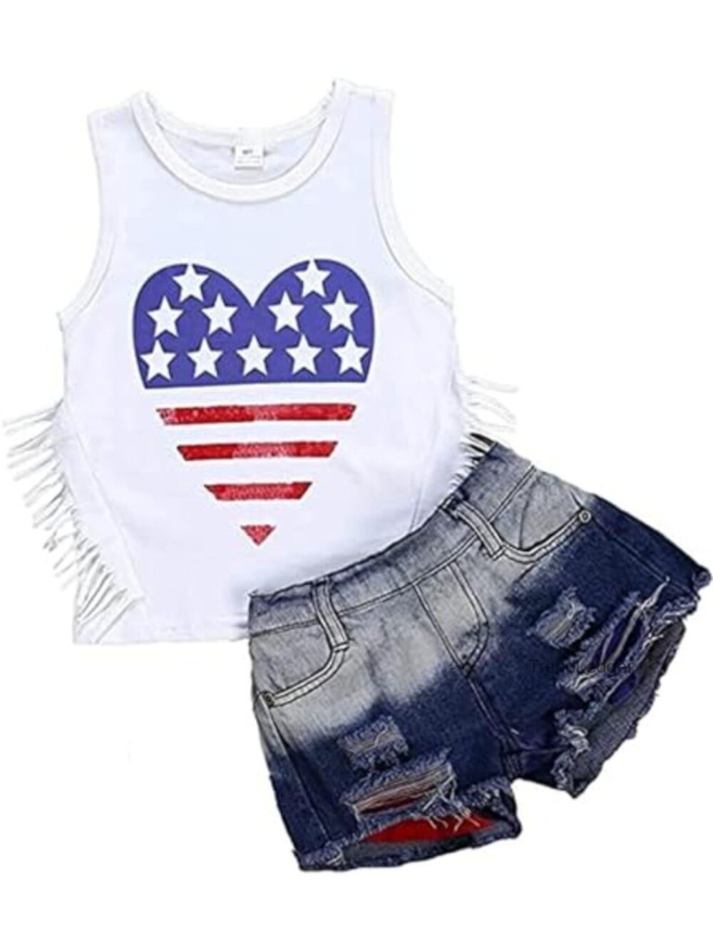 Toddler Girls 4th of July Outfit Set Sleeveless Tassel Top Denim Shorts